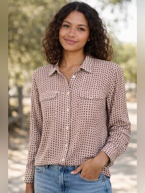 LOFT Small Floral Button Front Roll Tab Sleeve Blouse Cream Pink Black